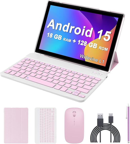 Android 15 Tablet, 10 inch 2 in 1 Tablets with Keyboard, 18GB RAM 128GB ROM 2TB Expand, Quad-Core 2.0Ghz CPU, 5G WiFi 6, BT5.0, 1280x800 HD Touchscreen, 6000mAh, Widevine L1, GMS Tablet, Pink