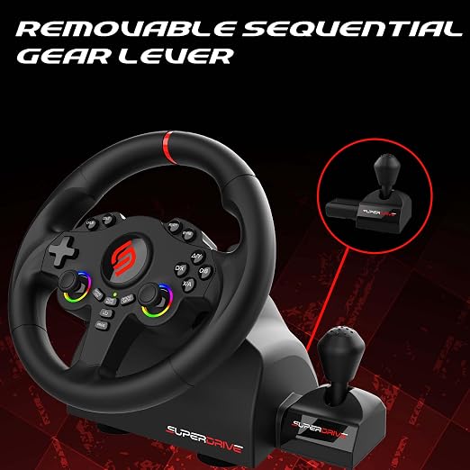 SUBSONIC Superdrive 220RSX Racing Wheel Switch 2/Switch PS4 PC Xbox Series | Steering Wheel, Dual Joysticks, Pedals, Gear Shifter for GTA 6 & Farming Simulator - Vibration, Diameter 22 cm, Rotation 180°