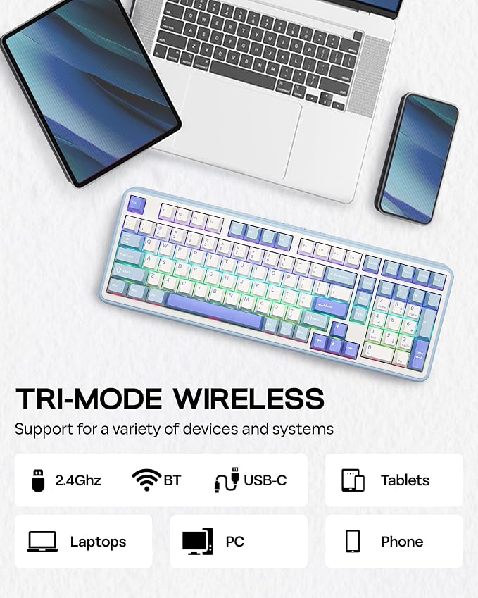 EPOMAKER TH99 Tri-Mode Wireless Mechanical Keyboard with 8000mAh Battery, Hot Swappable Custom RGB Gaming Keyboard with Numpad, Gasket Creamy for PC/Mac/Office (Blue&White, Sea Salt Silent)