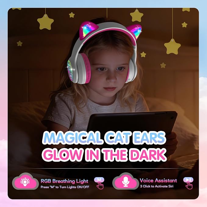 IFECCO Kids Wireless Headphones with Case,Cute LED Light Up Cat Ear Children Girls Bluetooth 6.0 Headphones Volume-limiting for School Travel Gifts