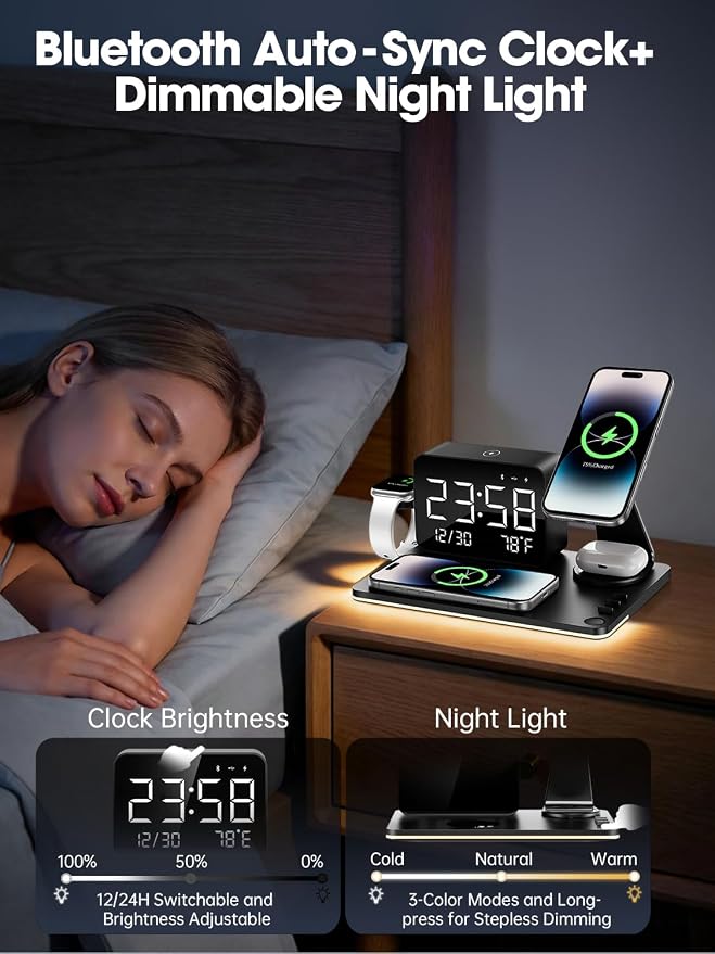 MagCharge 7-in-1 Magnetic Wireless Charging Station with Bluetooth Clock & Dimmable LED Lamp, 25W Fast Charger, 65W Adapter, Bedside Nightstand Charging Hub for iPhone Apple Watch AirPods