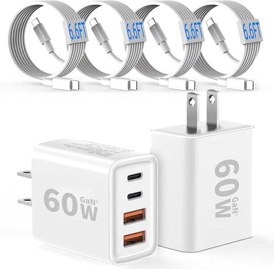 2 Pack USB C Charger Block 60W, 4-Port GaN5 Super Fast Phone Charger, Type C Charging Block PD 20W & QC 20W with 6.6FT USB C Cable for iPhone17 Air/17/16/15Pro Max Samsung Galaxy S24