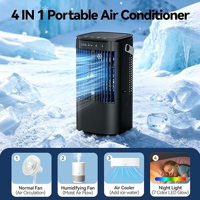 Portable Air Conditioners, 4-in-1 Mini Air Conditioner Evaporative Air Cooler, Portable AC with 1000ML Tank, 3 Speeds & 7-Color LED, Small Air Conditioner with Timer for Bedroom, Desktop, Home, Office