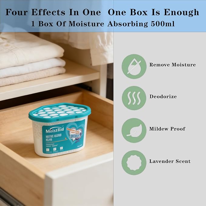 Moisture Absorbers Buckets,10 Pack,Portable Humidity Absorber Boxes for Your Bathroom,Basement, Closet & Car,Dehumidifier with Lavender Fragrance (Capacity 500 Milliliters/Box ；10 Boxed Items)