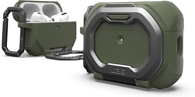 URBAN ARMOR GEAR UAG Designed for AirPods Pro 3rd Gen Case - Built-in Phone Stand Detachable Carabiner Clip Rugged Military Grade Drop Proof Protective Cover, Monarch Olive Drab/Silver