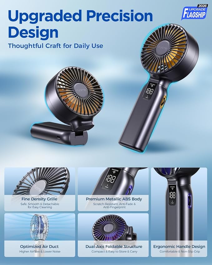 Funme Portable Handheld Fan, 10000mAh Personal Fan with Power Bank, 1-100 Speed Scroll Wheel Control, 46H Max Cooling&Storm Mode, LED Display, Metal Body, Foldable Desk Fan for Travel office, Blue