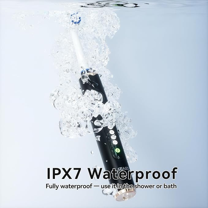 SEAGO Rotating Electric Toothbrush for Adults - 8 Replacement Heads (4 Soft/4 Hard), IPX7 Waterproof, 5 Modes with Memory Function, 2-Minute Timer, USB Type-C Rechargeable (SG-2607-Black