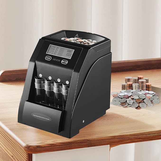 VEVOR USD Coin Sorter, Coin Counter Machine for ¢1 ¢5 ¢10 ¢25 Coins, LCD Screen Display, Coin Sorter and Wrapper Machine with Thicker Coin Tubes and Tray, Holds up to 200 Coins