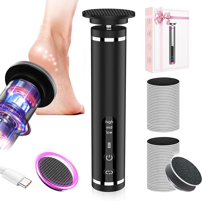 Electric Foot Callus Remover with Nano-Glass Head & 60Pcs Sandpaper Discs, 4 Hours Run Time, Electric Callus Remover for Feet with 3 Adjustable Speeds, Pedicure Tools for Dry Dead Skin Cracked Heels