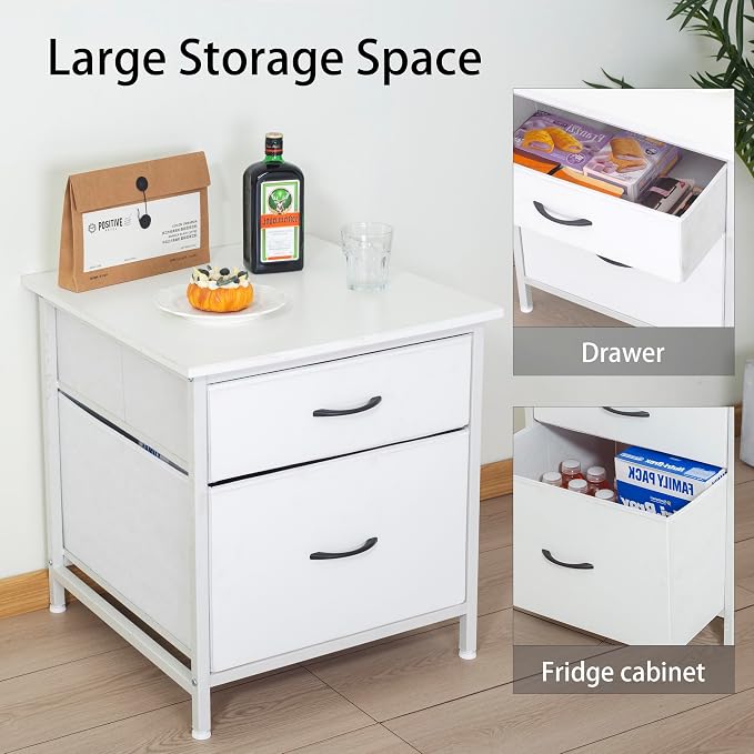 Mini Fridge Stand with 2 Drawer, Mini Fridge Organizer Stand Refrigerator Stand with Metal Frame for Dorm, Home, Kitchen, White