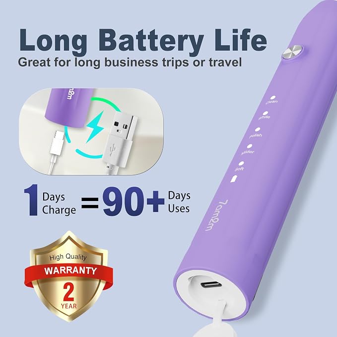 7AM2M Sonic Electric Toothbrush for Adults and Kids, with 8 Brush Heads and Travel Case,5 Modes with 2 Minutes Built in Smart Timer, One Charge Use for 90 Days, Rechargeable Toothbrushes (Purple)