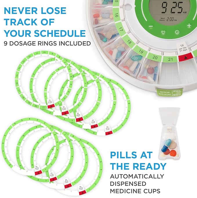 LiveFine Automatic Pill Dispenser with Removable Cups, 21 Compartments, 9 Dosage Rings, Alarm Reminder, LCD Display, Sound & Light Alerts, Locking Key for Vitamins, Supplements, Medications & Seniors