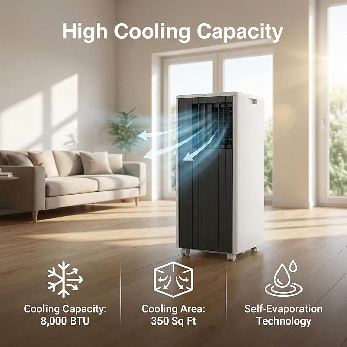 8000 BTU Portable Air Conditioners, 4-in-1 Cooling AC Portable Air Conditioner for Room with Sleep Mode, Ventless Floor Air Conditioner, 3 Speeds Fan & Dehumidifier
