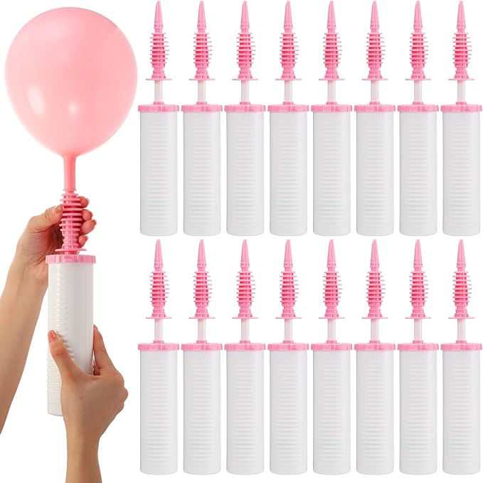 16 Pcs Handheld Balloon Air Pump Inflator Air Pump for Balloons, 2 Way Dual Action Manual Balloon Inflator for Birthday Party Decoration Exercise Yoga Balls Pool Floats, 12 Inch (White and Pink)
