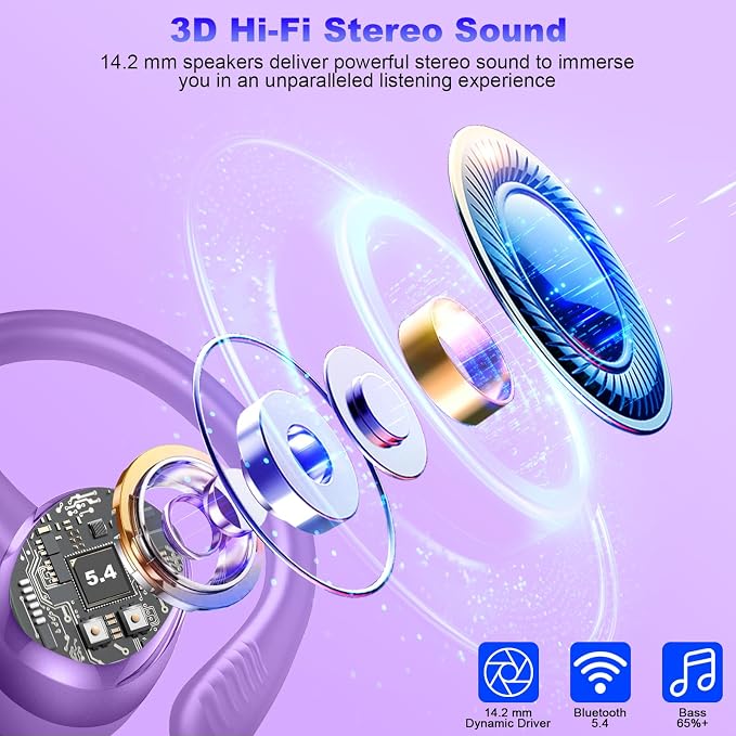 Hupoaf Wireless Earbuds Sport, 2025 Bluetooth 5.4 Headphones with Earhooks, 50H Stereo Deep Bass Over Ear Buds with 4 ENC Noise Canceling Mics, IP7 Waterproof Earphones for Running Workout Gym -Purple