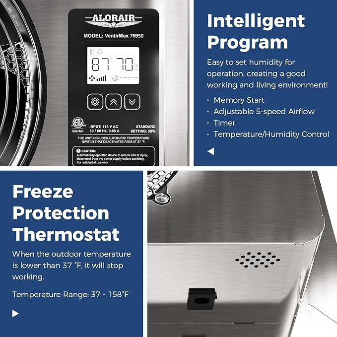 ALORAIR 780 CFM Crawlspace Ventilator Fan with Humidistat, Stainless Steel Exhaust Vent Fans with Digital Display, Timing Cycle, Freeze Protection Thermostat, for Basement, Garage, Attic, Grow Tent