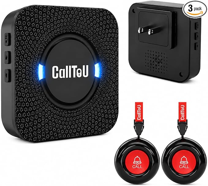 CallToU Wireless Caregiver Pager Call Button for Elderly at Home, Call Bell Alert System for Seniors and Patients, 1 Plug-in Receiver and 2 Waterproof SOS Buttons, No WiFi or Monthly Fee