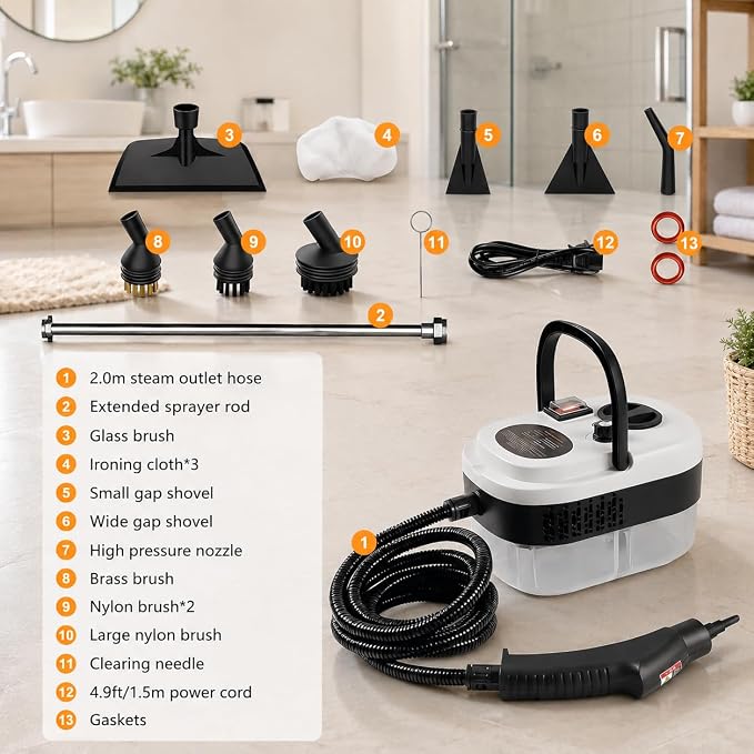 Handheld Steam Cleaner –13pcs Accessories, 1200ml Tank,6-Level Adjustable and 15s Heat-Up Portable Multi-Purpose Steamer for Home,Sofa,Car Floor,Window