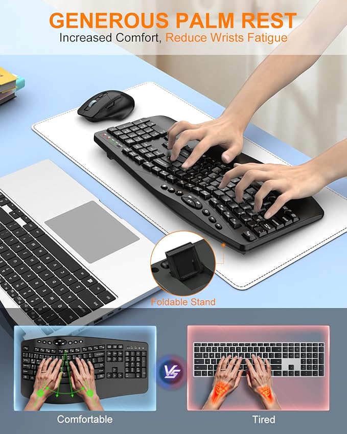 Ergonomic Wireless Keyboard and Mouse Combo, 2.4GHz Full Size Wave Keys Computer Keyboard with Wrist Rest for Natural Typing, Silent 6 Button USB Mouse for Laptop PC Windows Mac