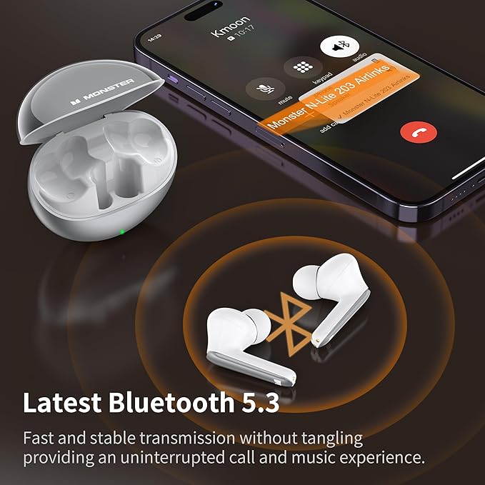 Monster N-Lite 203 AirLinks Wireless Earbuds, Bluetooth 5.3 Headphones HiFi Stereo, Wireless Earphones with HD Clear Call, 30H Playback, Touch Control, Type-C Charging, IPX6 Waterproof in-Ear Earbuds