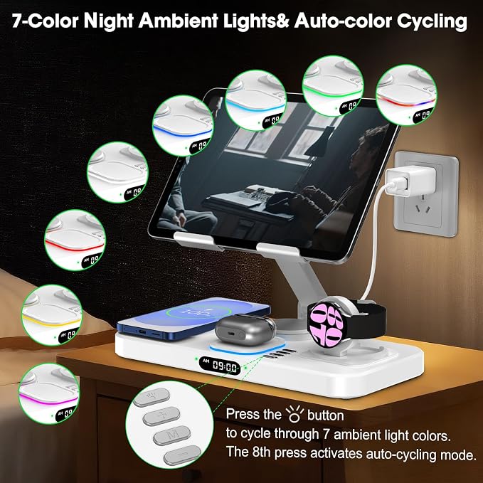30W Tablet Wireless Charger for Samsung, Foldable Android Charging Station with Clock Display with 7-Color Light, Wireless Watch Charger for S25, Only Compatible Samsung Watch, Galaxy Buds3 Pro(White)