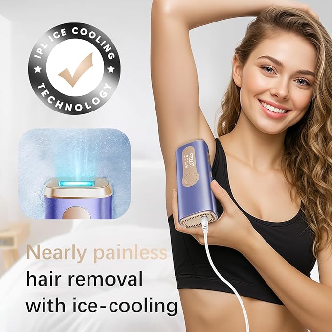 IPL Laser Hair Removal Device for Women & Men - Safe At-Home 45°F Ice-Cooling Contact for Painless & Long-Lasting Results, 86% Less Hair In 3 Weeks for Full Body & Face, Mint Purple