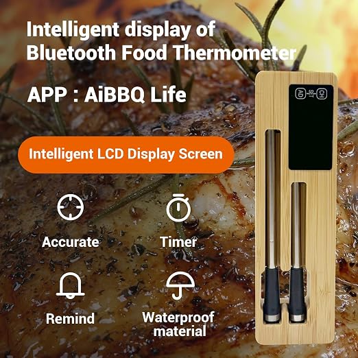 Wireless Meat Thermometer with 2 Meat Probes, Bluetooth 5.2 with App Control, Compatible with iOS & Android, IP68 Waterproof, Fast Charging & Magnetic Smart Food Thermometer for Oven Grill BBQ