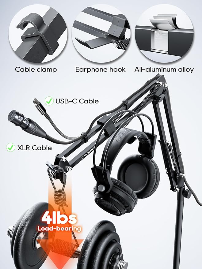 M05 Boom Arm, 360° Rotatable Microphone Stand with Desk Mount (White (Overhead))