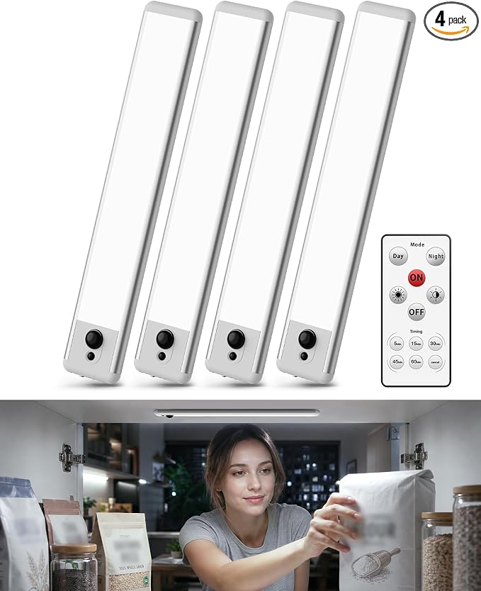 EZVALO Under Cabinet Lights, 14.5'' Motion Sensor Light Indoor Dimmable, 4000mAh Rechargeable Closet Lights 5700K with Remote Control, Wireless Under Counter Light for Kitchen,Cabinet,Bedroom（4Pcs）