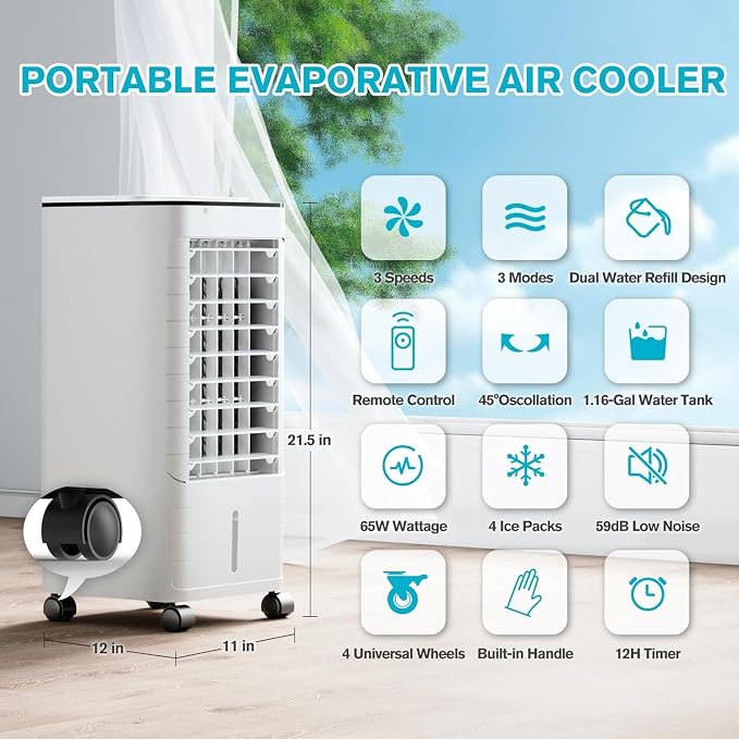Windowless Portable Air Conditoners, 3-IN-1 Portable AC with Remote, 12H Timer &1.16Gal Tank, 45° Oscillation, 3 Modes 3 Speeds, Fast Cooling Quiet Ventless Swamp Cooler for Room Home Office, Creamy