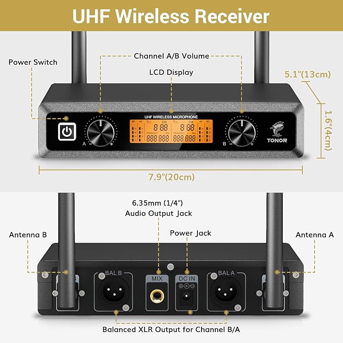 TONOR UHF Wireless Microphones System with Headset/Lavalier Lapel Mics, Bodypack Transmitter, Receiver, 2 * 15 Channels, 60 m/200ft Range for Live Singing Karaoke Church Party DJ, 2 Bodypack Mics
