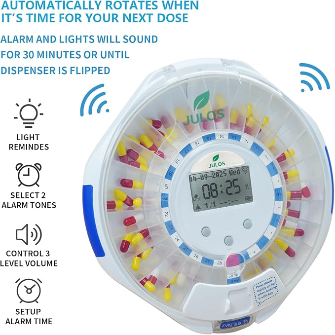 JULOS Smart WiFi Automatic Pill Dispenser w/Sound/Light Alerts for Seniors, Mobile App Remote Monitoring, 28-Day Medication Organizer, Up to 9 Alarms/Day, Lock Key for Supplements & More, Clear Lid