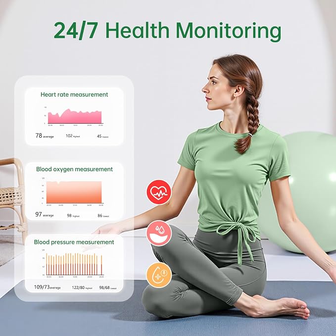 Smart Ring for Women & Men, Health Tracker Ring with Heart Rate, SpO2, Blood Pressure,Temperature, HRV & Stress, IP68 Waterproof Fitness Ring, Sleep Tracker for iPhone & Android, No App Fee(Green, 7#)