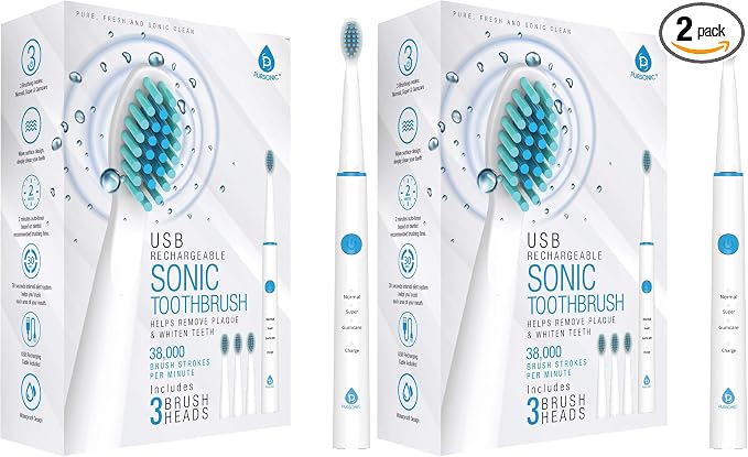 Pursonic Sonic Technology Electric Toothbrush for Kids and Adults, 2 Minute Timer Powered Rechargeable Toothbrush, 5 Modes 3 Brush Heads, 30 Days Long Battery Life, Waterproof, White (Pack of 2)