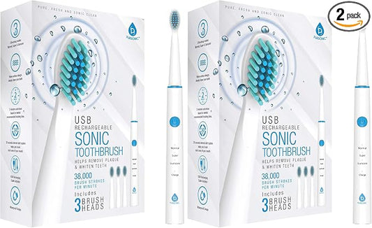 Pursonic Sonic Technology Electric Toothbrush for Kids and Adults, 2 Minute Timer Powered Rechargeable Toothbrush, 5 Modes 3 Brush Heads, 30 Days Long Battery Life, Waterproof, White (Pack of 2)