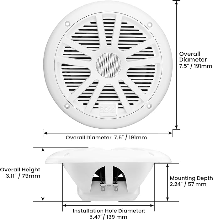 BOSS Audio Systems MR6W 6.5 Marine Speakers - 180 Watts (Per Pair), Full Range, 2-Way, Coaxial, 4 Ohms, Weatherproof