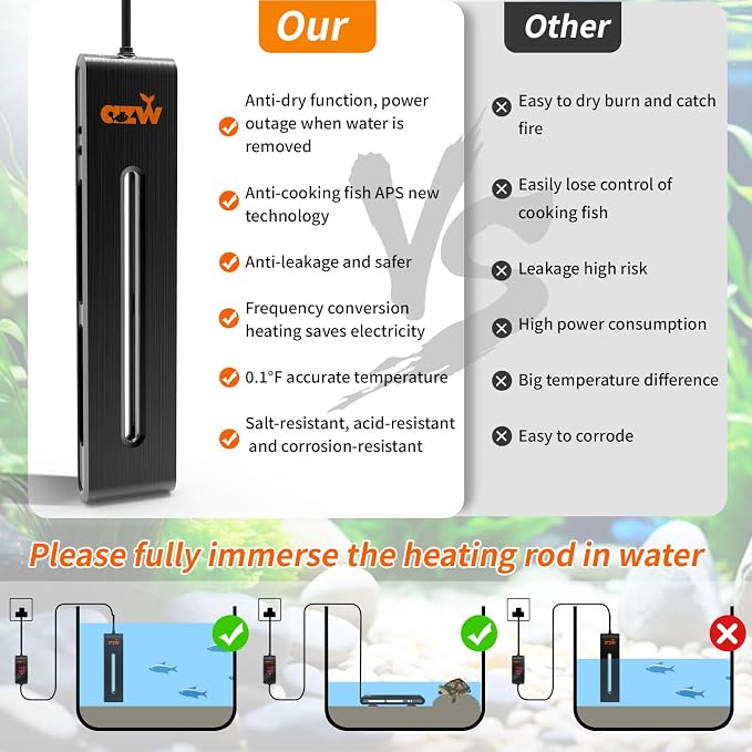 azw Aquarium Heater 300W/500W/800W, Fish Tank Heater with Digital LED Controller, Frequency Conversion Energy Saving, IPS Anti-Boiling Fish, Multiple Intelligent Protection for Freshwater/Saltwater