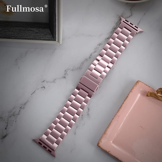Fullmosa Metal Band Compatible with Apple Watch Bands 45mm 44mm 42mm, iWatch Band with Case for Apple Watch Series 9 8 7 6 5 4 3 2 1 SE3/2/1, Rose Pink