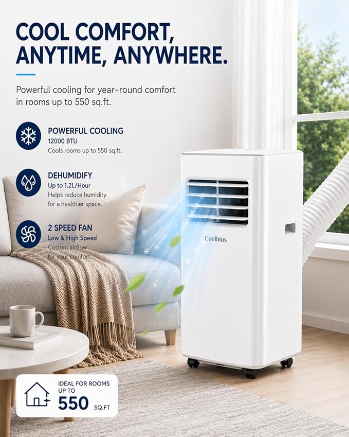 Coolblus 12000 BTU Portable Air Conditioners, 3-in-1 AC Unit Cools Up to 550 Sq.Ft. with Remote Control/Smart Sleep Mode/24Hrs Timer/Window Installation Kait & Filter Cleaning Brush, White-12000BTU