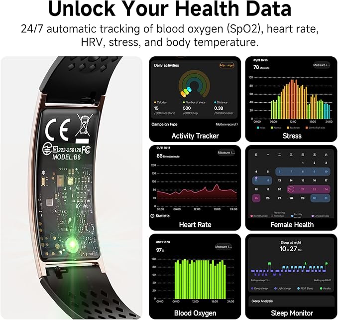 Smart Bracelet, Subscription-Free 24/7 Health Tracking, Heart Rate, SpO2, HRV & Sleep Tracker with IPX8 Waterproof, Wearable Activity & Fitness Tracker, 7-Day Battery, 2 Bands
