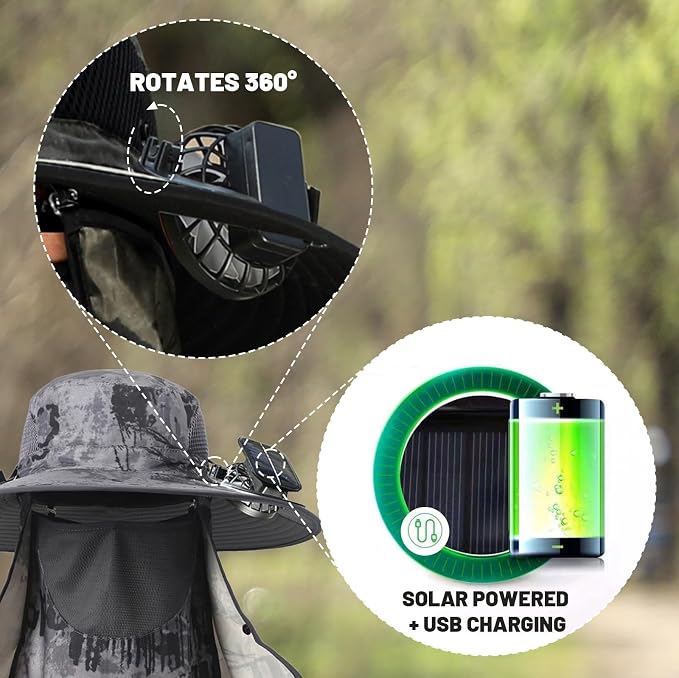Solar Powered Fan Hat with 2 Fans, Wide Brim Sun Hat for Men Women, Adjustable Cooling Fishing Hat for Outdoor