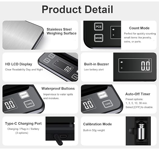 Waterproof Digital Kitchen Scale 0.1g/0.001oz Precision, Stainless Steel Electronic Scale with 3 Power Options (Rechargeable/AAA/Built-in), 10 Units Conversion, Smart Standby, 5kg/11lb Capacity