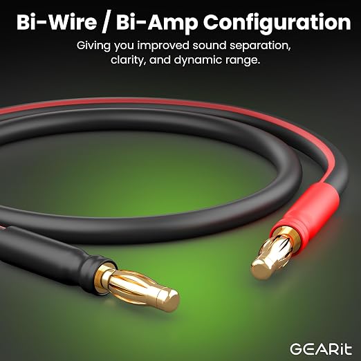 GEARit 14 Gauge OFC Speaker Wire with Banana Plugs, 2 Pack 6.6 Ft Speaker Cable with Gold Plated Tips, High-Fidelity Audio for HiFi, Bi-Wire, Bi-Amp & Surround Sound Speakers, Black