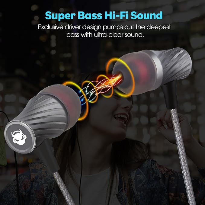 MINDBEAST Wired Earbuds with Microphone Super Bass Sound, Noise Isolation, Lightweight Cable Headphones for Running, Office, Travel, Gaming, Durable and Tangle-Free Ear Buds Earphones with 3.5mm Jack