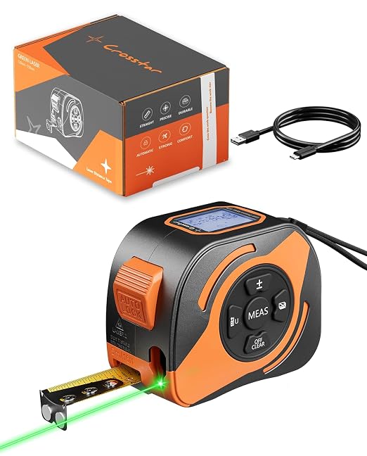 Crosstar 2-in-1 Laser Tape Measure 197ft, 532nm Green Beam, 16ft Manual Tape w/Matte Blade, LCD Display with Tilt Angle, Pythagorean Mode, Magnetic Hook for Construction Woodworking