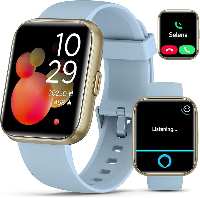 Quican Smart Watches for Men Women, Compatible with iPhone & Android | Sky Blue Fitness Tracker Smartatch with Alexa, Call & Notification Alerts, Tracks Heart Rate/Sleep Monitor