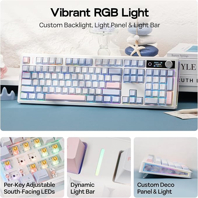 EPOMAKER TH108 V2 PRO Full Size Mechanical Keyboard with Screen&Knob, 10000mAh, BT/2.4Ghz, Mac Modifier PBT Keycap, Hot Swap, RGB, Gasket, Wireless Gaming Keyboard for Mac/PC (Blue, Sea Salt Silent)