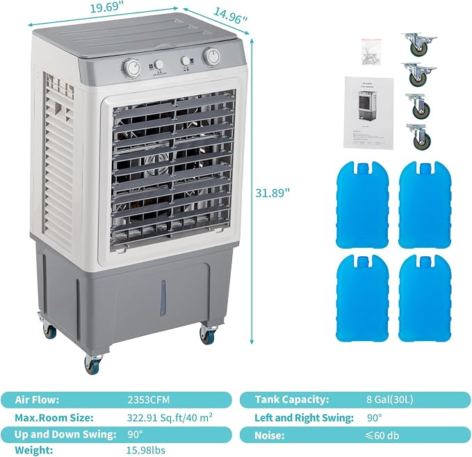 3 in 1 Portable Evaporative Air Cooler, Large Air Volume Swamp Cooler with Big Water Tank, Remote Control, Rolling Casters and Ice Packs for Indoor Outdoor Use White