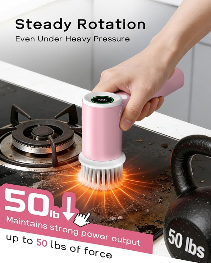 PUFTEM Shower Scrubber, Electric Spin Scrubber for Bathroom Cleaning – Cordless Shower Cleaner Brush with 6 Brush Heads, Dual-Direction Rotation, for Grout, Tile, Tub, Sink & Corners, Pink