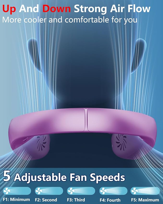 Portable Misting Neck Fans with Water Spray, Rechargeable Long Battery Life, Powerful Air Cooler with LED Display, Personal Compact Wearable Necklace Fan for Kids Adults Elderly Hot Weather, Purple